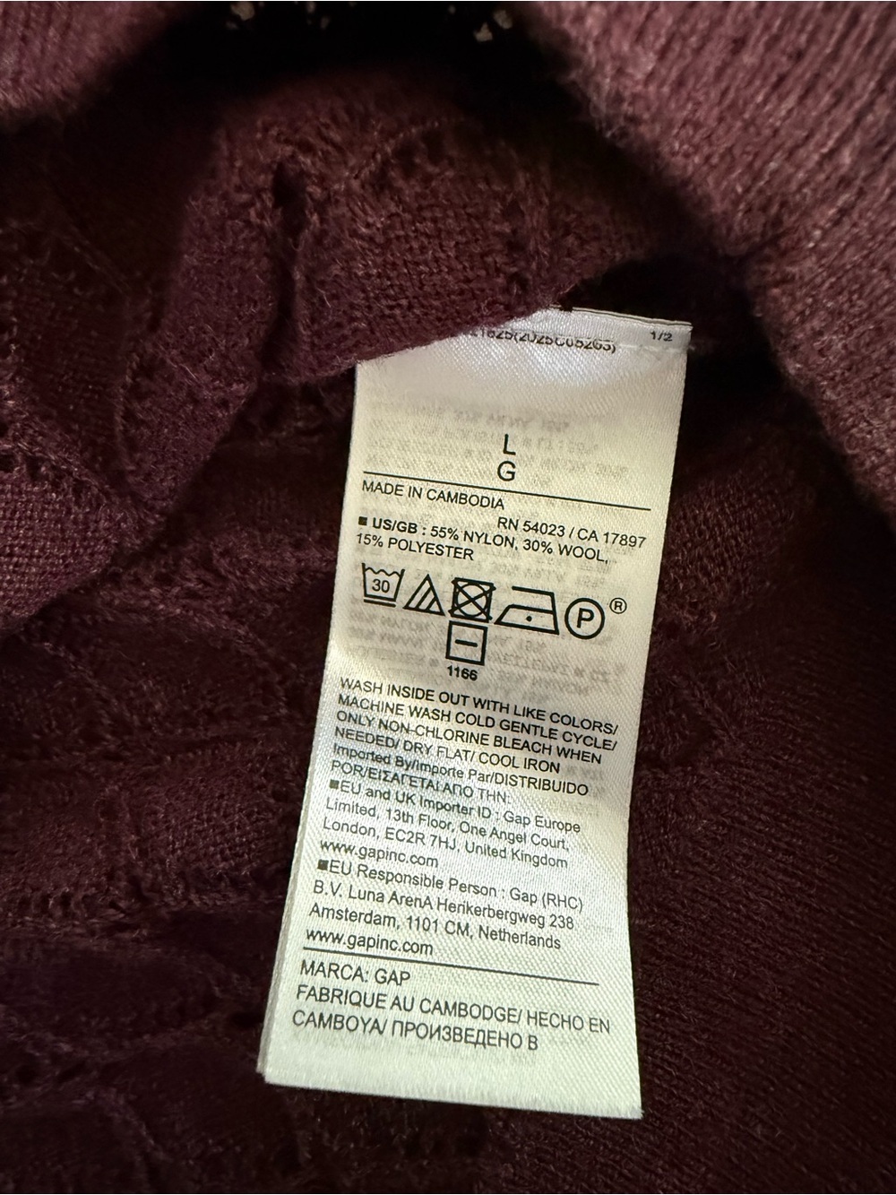 GAP Women’s Burgundy/Plum Pointelle Crewneck Sweater, new without tags size L - Picture 3 of 4